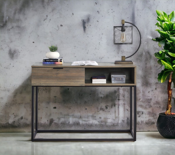 English Elm Rustic Oak And Black Writing Desk - Compact Industrial Design With Drawer And Shelf For Small Spaces B062P209209-GIGA