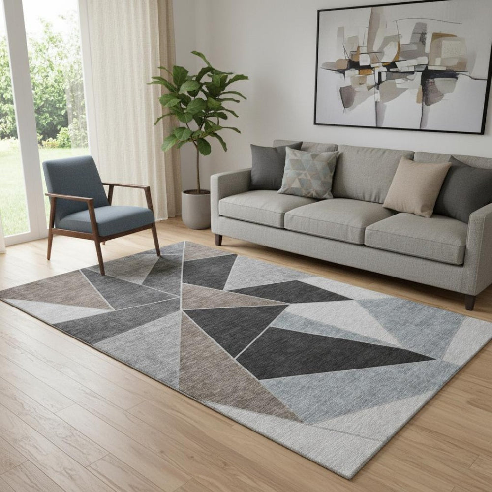 HomeRoots 5' X 8' Chocolate Brown & Gray Geometric Area Rug - Durable, Washable, UV-Protected for Busy Homes 653304