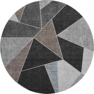 HomeRoots 8' Chocolate Brown & Gray Geometric Round Rug – Washable, UV-Protected, Durable, & Stylish for Homes 653305