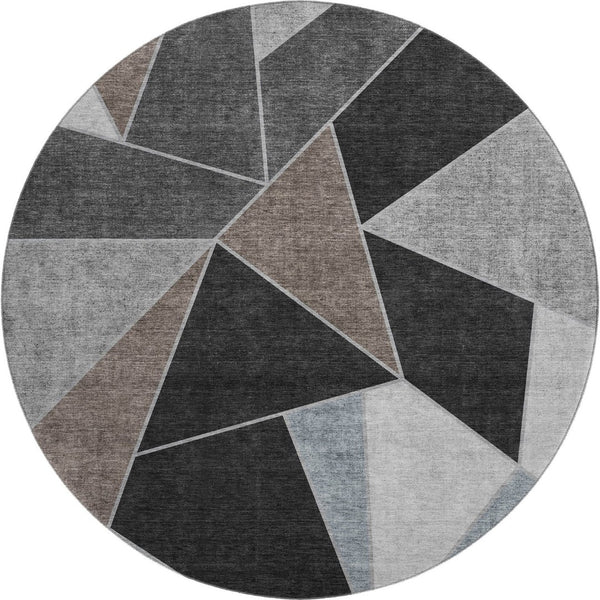 HomeRoots 8' Chocolate Brown & Gray Geometric Round Rug – Washable, UV-Protected, Durable, & Stylish for Homes 653305