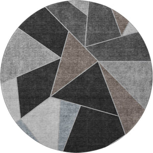 HomeRoots 8' Chocolate Brown & Gray Geometric Round Rug – Washable, UV-Protected, Durable, & Stylish for Homes 653305