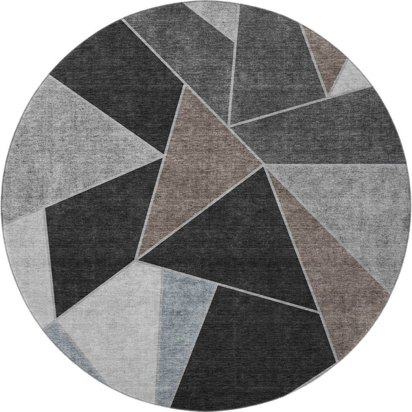 HomeRoots 8' Chocolate Brown & Gray Geometric Round Rug – Washable, UV-Protected, Durable, & Stylish for Homes 653305
