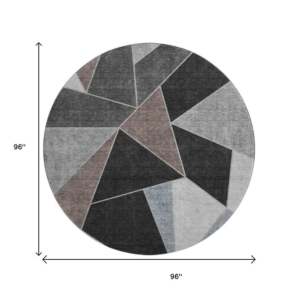 HomeRoots 8' Chocolate Brown & Gray Geometric Round Rug – Washable, UV-Protected, Durable, & Stylish for Homes 653305