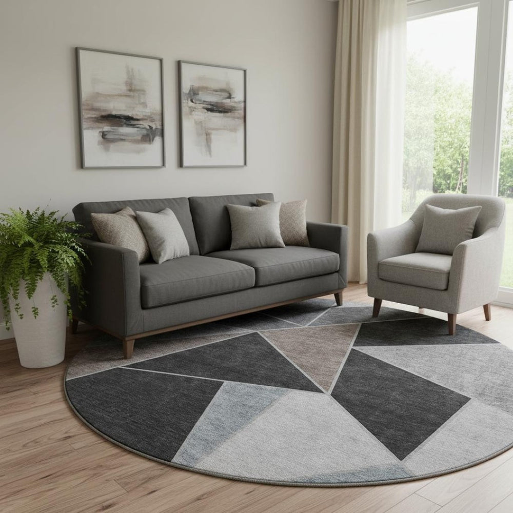 HomeRoots 8' Chocolate Brown & Gray Geometric Round Rug – Washable, UV-Protected, Durable, & Stylish for Homes 653305