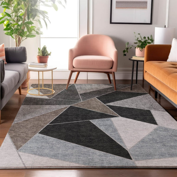 HomeRoots 8' X 10' Chocolate Brown & Gray Geometric Washable Area Rug - Durable, Stain-Resistant Design! 653306