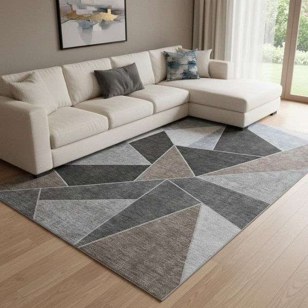 HomeRoots 8' X 10' Chocolate Brown & Gray Geometric Washable Area Rug - Durable, Stain-Resistant Design! 653306