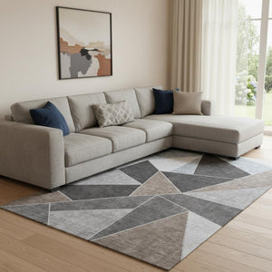 HomeRoots 10' Geometric Chocolate Brown & Gray Area Rug - Washable, UV-Protected, Stain-Resistant for Homes 653308