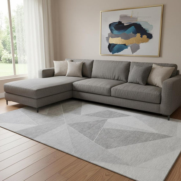 HomeRoots 9' X 12' Stylish Gray and Silver Geometric Washable Area Rug with UV Protection for Busy Homes 653313