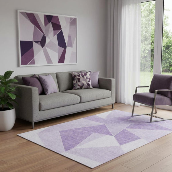 HomeRoots 5' X 8' Lilac & Ivory Geometric Area Rug – Washable, UV Protected, Stain-Resistant for Modern Living 653316
