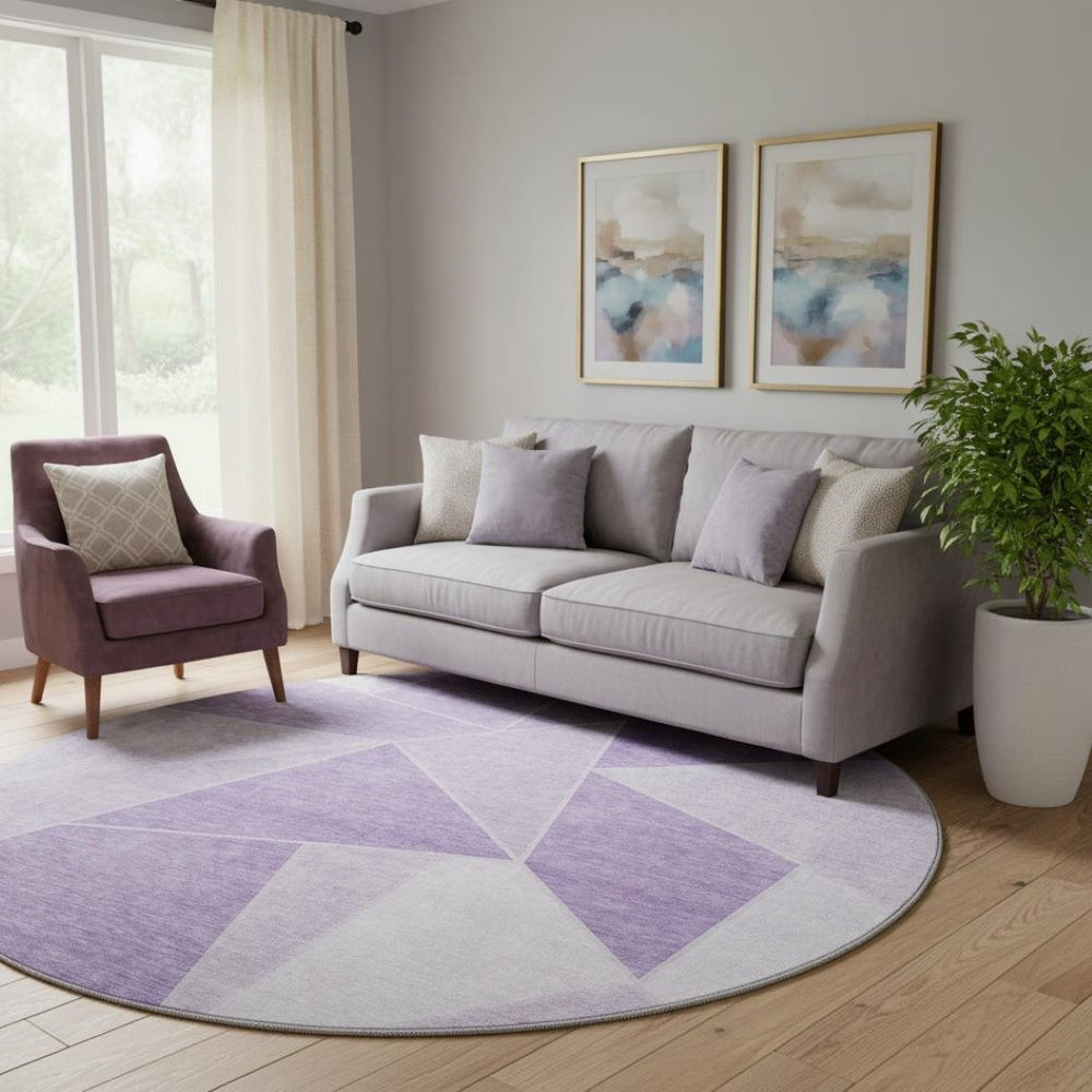 HomeRoots 8' Lilac and Ivory Geometric Washable Round Rug - Stain Resistant, UV Protected, Durable Design 653317