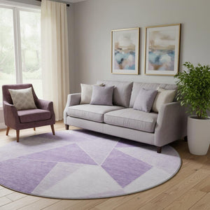 HomeRoots 8' Lilac and Ivory Geometric Washable Round Rug - Stain Resistant, UV Protected, Durable Design 653317
