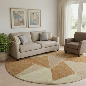 HomeRoots 8' Chili Red and Beige Geometric Round Rug - UV Protected, Stain-Resistant, Ideal for Busy Homes 653323