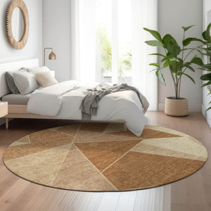 HomeRoots 8' Chili Red and Beige Geometric Round Rug - UV Protected, Stain-Resistant, Ideal for Busy Homes 653323