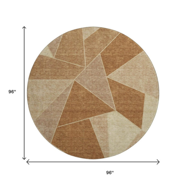 HomeRoots 8' Chili Red and Beige Geometric Round Rug - UV Protected, Stain-Resistant, Ideal for Busy Homes 653323