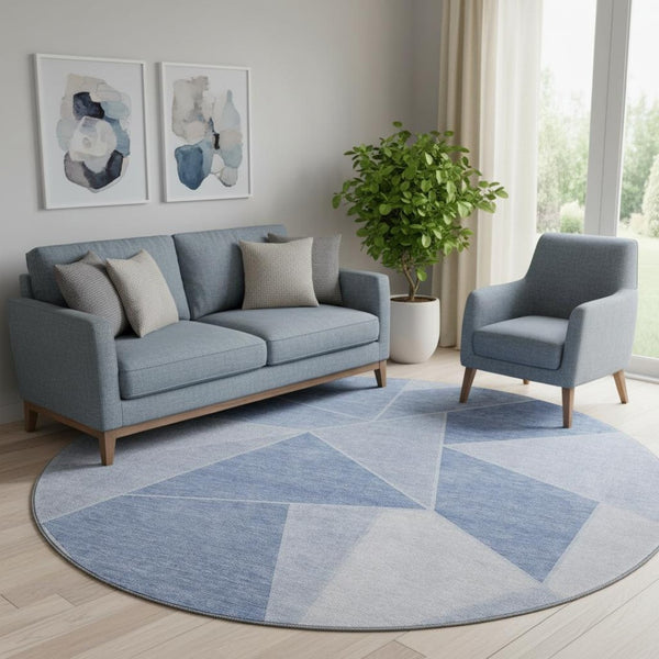 HomeRoots 8' Sky Blue & Ivory Geometric Round Rug – Durable, Washable, UV-Protected for Kids & Pets! 653329