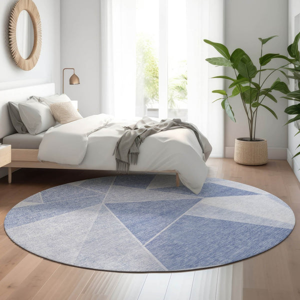 HomeRoots 8' Sky Blue & Ivory Geometric Round Rug – Durable, Washable, UV-Protected for Kids & Pets! 653329