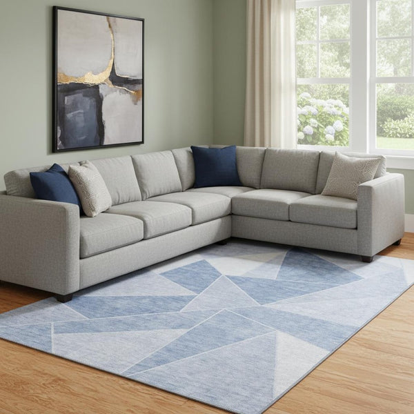 HomeRoots 8' X 10' Sky Blue & Ivory Geometric Washable Area Rug with UV Protection – Durable, Stylish & Easy Care 653330