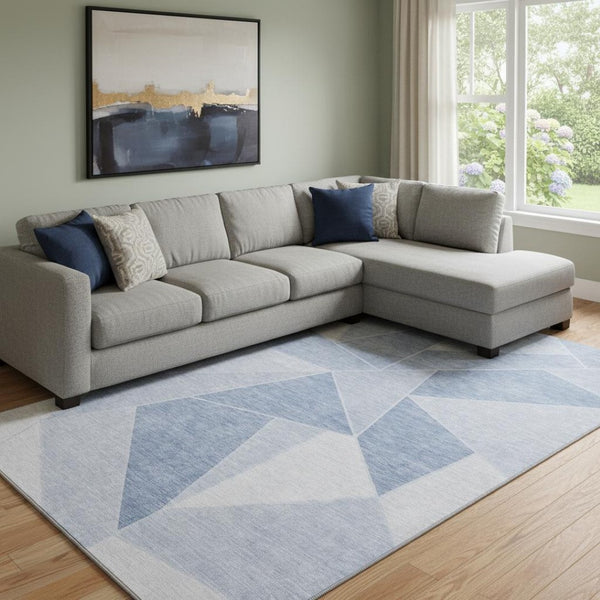 HomeRoots 10' X 14' Sky Blue & Ivory Geometric Washable Area Rug - UV Protected, Stylish & Durable for Homes 653332