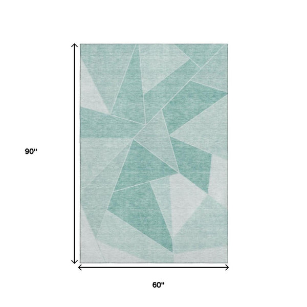 HomeRoots 5' X 8' Stylish Teal & Ivory Geometric Area Rug – Durable, Washable, UV Protected for Modern Homes! 653334