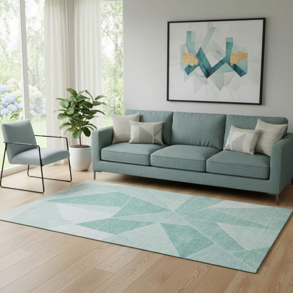 HomeRoots 5' X 8' Stylish Teal & Ivory Geometric Area Rug – Durable, Washable, UV Protected for Modern Homes! 653334