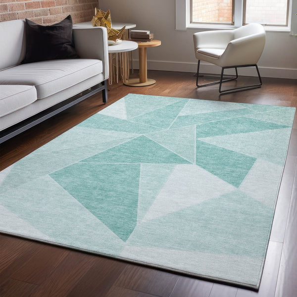 HomeRoots 5' X 8' Stylish Teal & Ivory Geometric Area Rug – Durable, Washable, UV Protected for Modern Homes! 653334