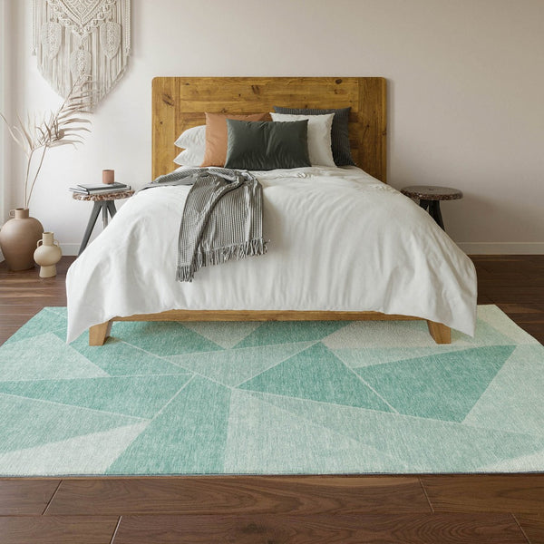 HomeRoots 5' X 8' Stylish Teal & Ivory Geometric Area Rug – Durable, Washable, UV Protected for Modern Homes! 653334