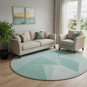 HomeRoots 8' Teal And Ivory Geometric Round Rug - Washable, UV-Protected, Soft, and Stylish for Any Space 653335