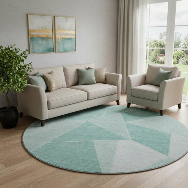 HomeRoots 8' Teal And Ivory Geometric Round Rug - Washable, UV-Protected, Soft, and Stylish for Any Space 653335