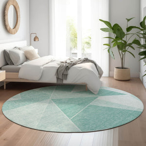 HomeRoots 8' Teal And Ivory Geometric Round Rug - Washable, UV-Protected, Soft, and Stylish for Any Space 653335