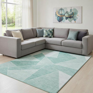 HomeRoots 8' X 10' Modern Teal and Ivory Geometric Area Rug - Washable, UV Protected, Stain Resistant Design 653336