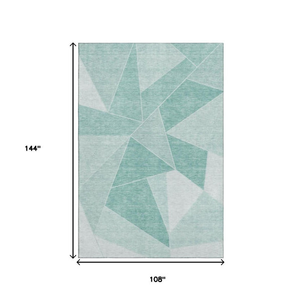 HomeRoots 9' X 12' Teal & Ivory Geometric Area Rug - Washable, UV-Protected, Stain-Resistant, Family-Friendly Design 653337