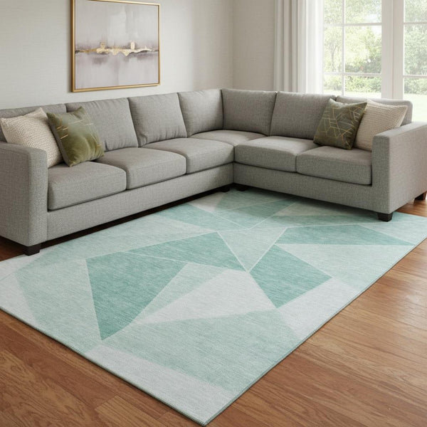 HomeRoots 9' X 12' Teal & Ivory Geometric Area Rug - Washable, UV-Protected, Stain-Resistant, Family-Friendly Design 653337