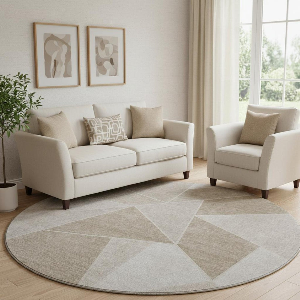 HomeRoots 8' Taupe and Ivory Geometric Round Rug - Durable, Washable, UV Protected for Modern Homes & Spaces 653341