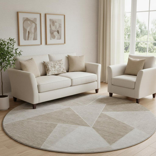 HomeRoots 8' Taupe and Ivory Geometric Round Rug - Durable, Washable, UV Protected for Modern Homes & Spaces 653341