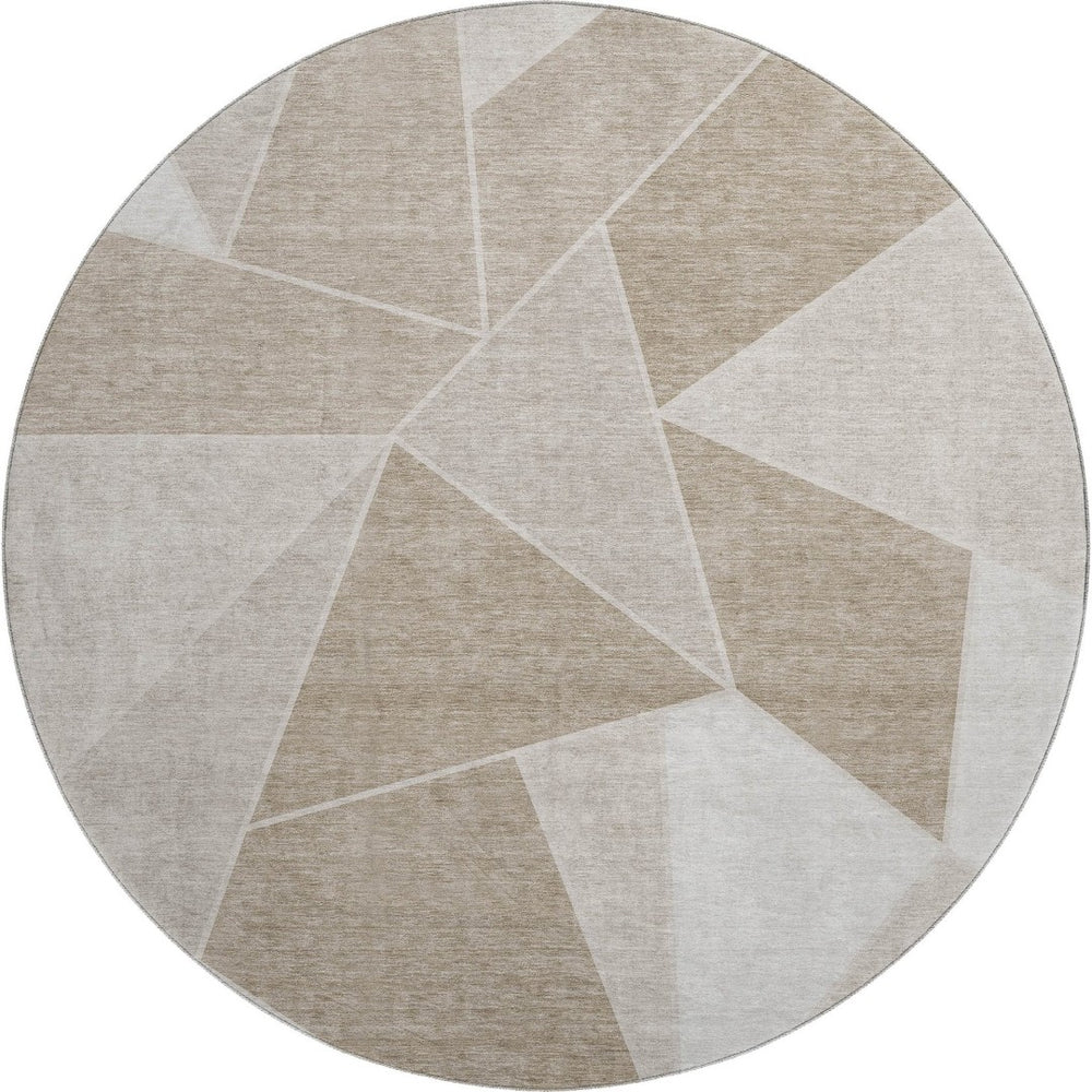 HomeRoots 8' Taupe and Ivory Geometric Round Rug - Durable, Washable, UV Protected for Modern Homes & Spaces 653341