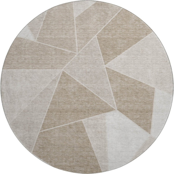 HomeRoots 8' Taupe and Ivory Geometric Round Rug - Durable, Washable, UV Protected for Modern Homes & Spaces 653341