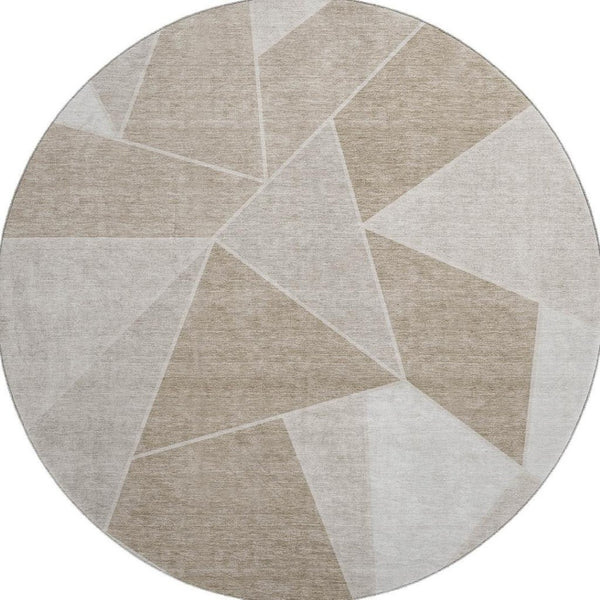 HomeRoots 8' Taupe and Ivory Geometric Round Rug - Durable, Washable, UV Protected for Modern Homes & Spaces 653341