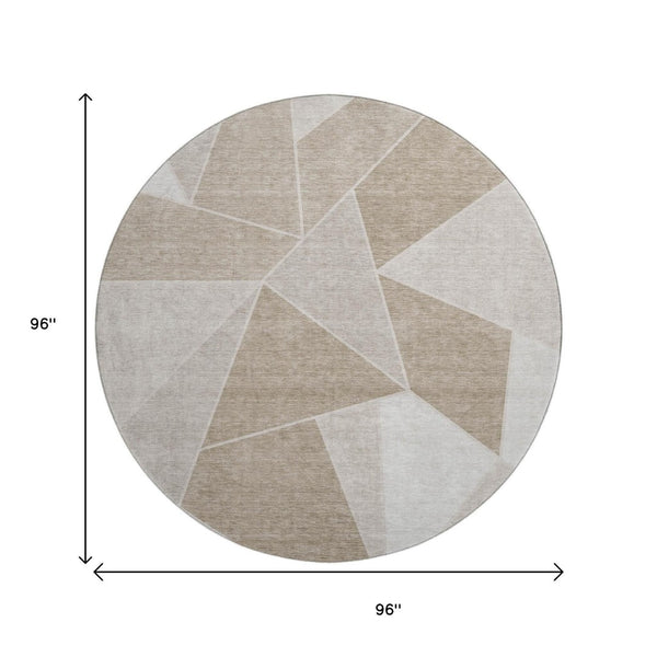 HomeRoots 8' Taupe and Ivory Geometric Round Rug - Durable, Washable, UV Protected for Modern Homes & Spaces 653341