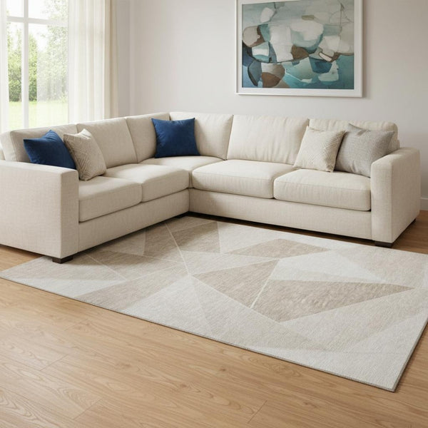 HomeRoots 8' X 10' Taupe And Ivory Geometric Area Rug - Washable, UV-Protected, Durable for High-Traffic Spaces 653342