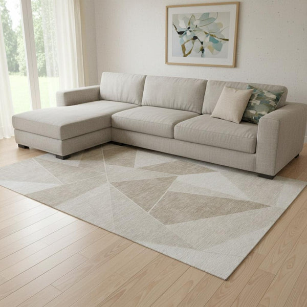 HomeRoots 9' X 12' Taupe & Ivory Geometric Area Rug - Washable, UV Protected, Stain Resistant for Modern Spaces 653343