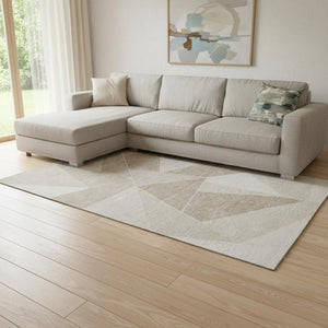 HomeRoots 10' X 14' Taupe & Ivory Geometric Area Rug - Durable, Washable, UV Protected for Modern Living Spaces 653344