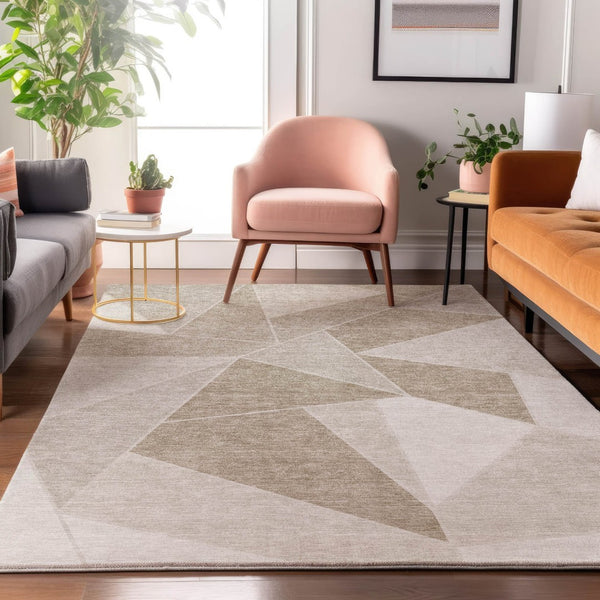 HomeRoots 10' X 14' Taupe & Ivory Geometric Area Rug - Durable, Washable, UV Protected for Modern Living Spaces 653344