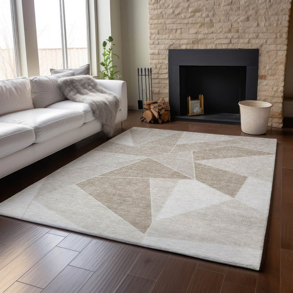 HomeRoots 10' X 14' Taupe & Ivory Geometric Area Rug - Durable, Washable, UV Protected for Modern Living Spaces 653344