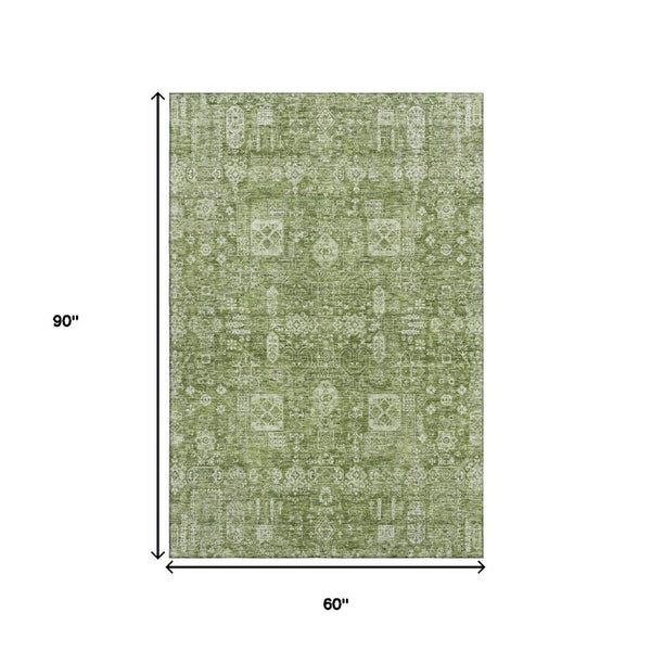 HomeRoots 5' Floral Washable Area Rug in Artichoke Green & Ivory - UV Protected, Stain Resistant, Durable Design 653346
