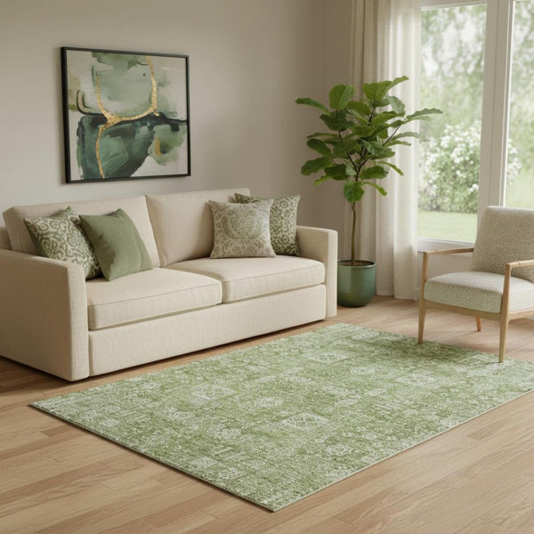 HomeRoots 5' Floral Washable Area Rug in Artichoke Green & Ivory - UV Protected, Stain Resistant, Durable Design 653346