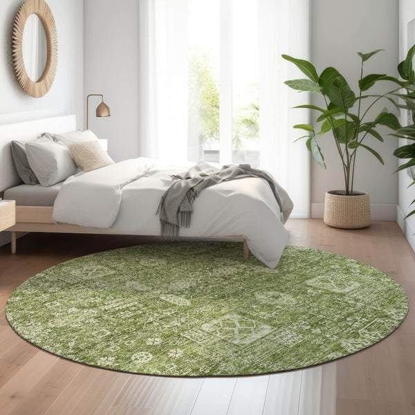 HomeRoots 8' Artichoke Green & Ivory Floral Round Rug - Washable, UV Protected, and Stain-Resistant Design 653347