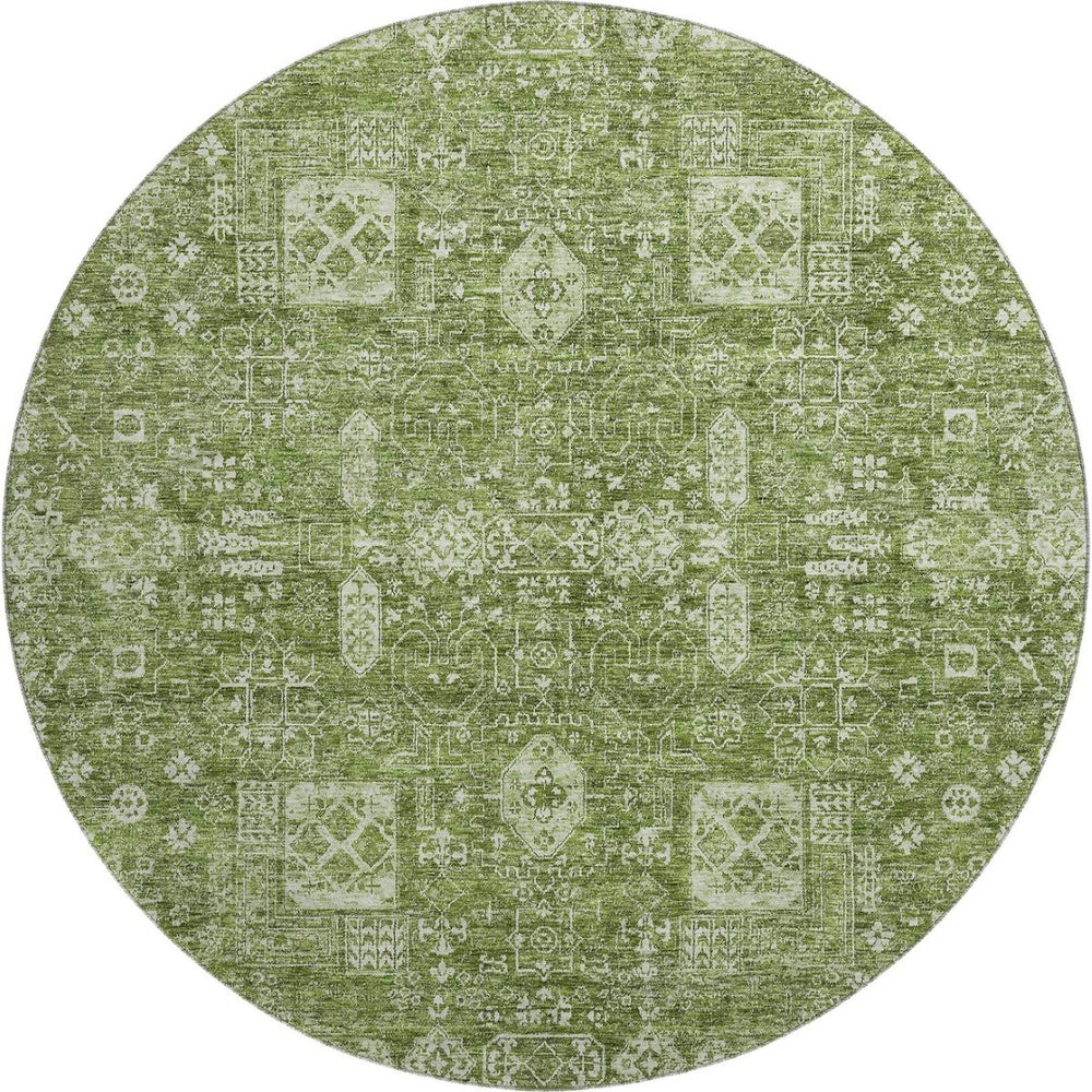 HomeRoots 8' Artichoke Green & Ivory Floral Round Rug - Washable, UV Protected, and Stain-Resistant Design 653347