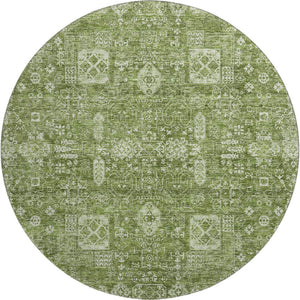 HomeRoots 8' Artichoke Green & Ivory Floral Round Rug - Washable, UV Protected, and Stain-Resistant Design 653347