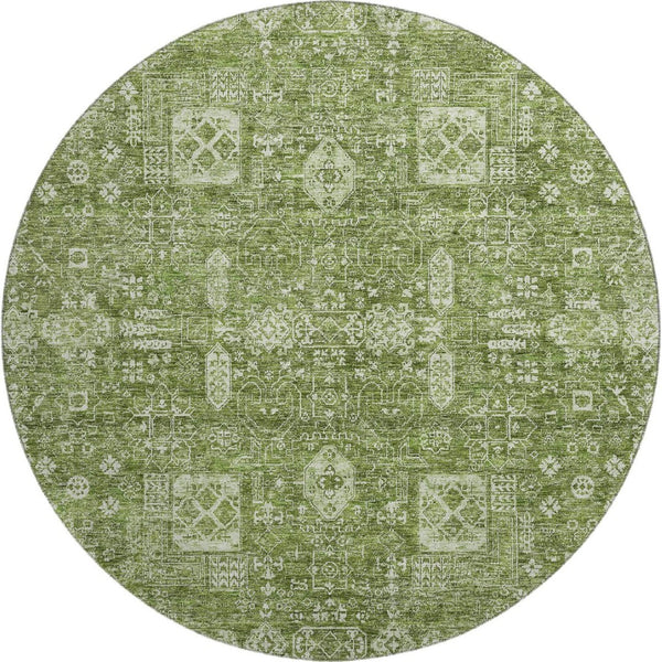 HomeRoots 8' Artichoke Green & Ivory Floral Round Rug - Washable, UV Protected, and Stain-Resistant Design 653347