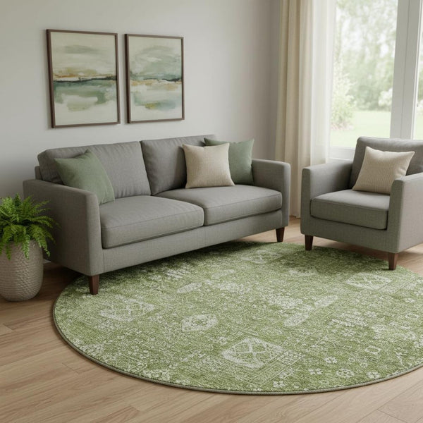 HomeRoots 8' Artichoke Green & Ivory Floral Round Rug - Washable, UV Protected, and Stain-Resistant Design 653347